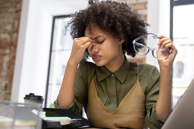 Woman holding glasses with a stressed expression