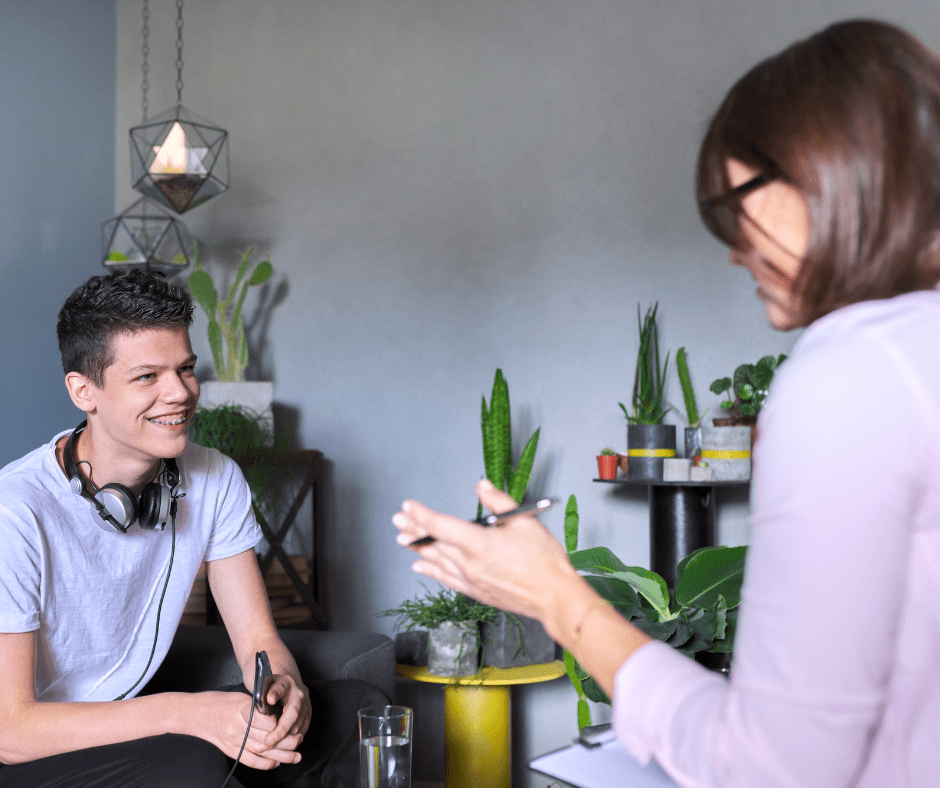 A special child getting consoled by a woman